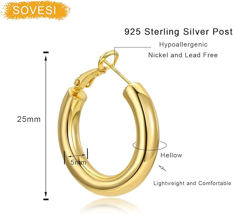 sovesi Chunky Gold Hoop Earrings for Women with 925 Sterling Silver Post, 14K Gold Plated Small Thick Gold Hoops Earrings for Women
