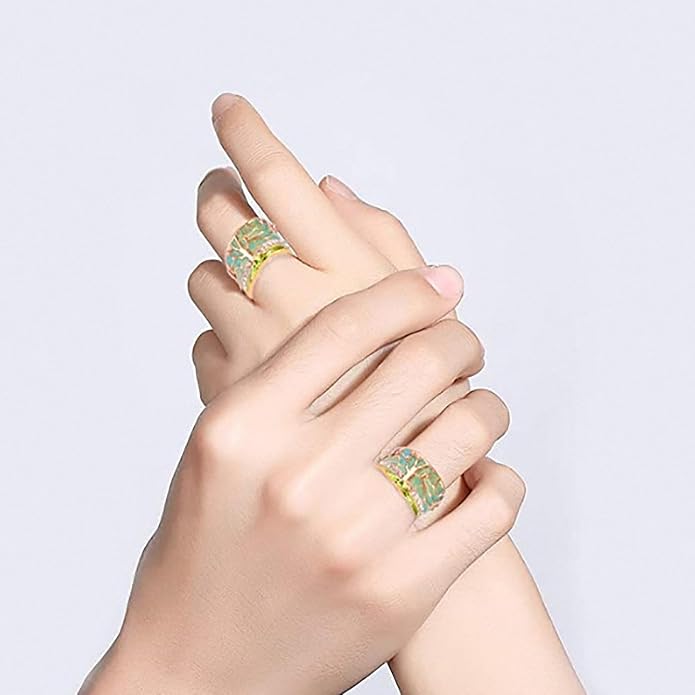 Women Tree of Life Lucky Flower Wide Band Ring Gold Pink Opal Green Enamel Resin Plated Dainty Tree Rhinestone Statement Thumb Index Full Finger Chunky Ring Party Crystal Vintage Jewelry