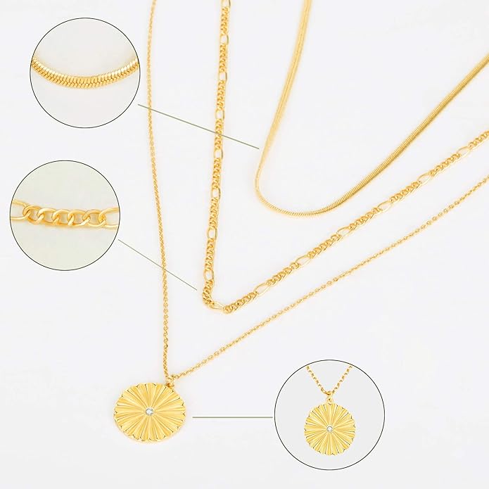 LANE WOODS Gold Plated Necklaces for Women - Multilayer Coin Medallion Pendant Necklace Adjustable Layering Choker Necklaces Chain Set Jewelry
