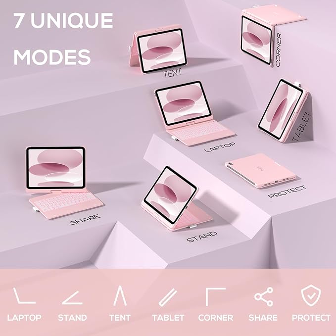 typecase Touch iPad 10th Generation Case with Keyboard (10.9", 2022) and iPad A16 (11th Gen, 2025) – 360° Rotatable, 11-Color Backlit, Multi-Touch Trackpad, Thin & Light (Light Pink)
