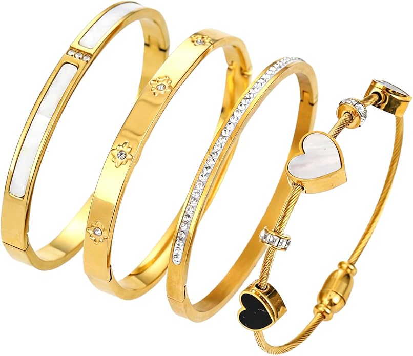 ZhiRui Women's 18K Gold Plated Stackable Bracelet Set - Waterproof Mother of Pearl Heart Cubic Zirconia Jewelry Gifts for Women