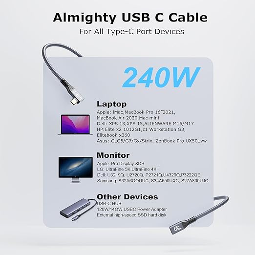 CABLEDECONN USB C 3.2 Gen-2 Extension Cable 0.5M 1.6FT 90 Degree Elbow Thunderbolt 3 240W Fast Charging Cable Male to Female Data Transfer 20Gbps 48V/5A 4K Video Cable Compatible with MacBook