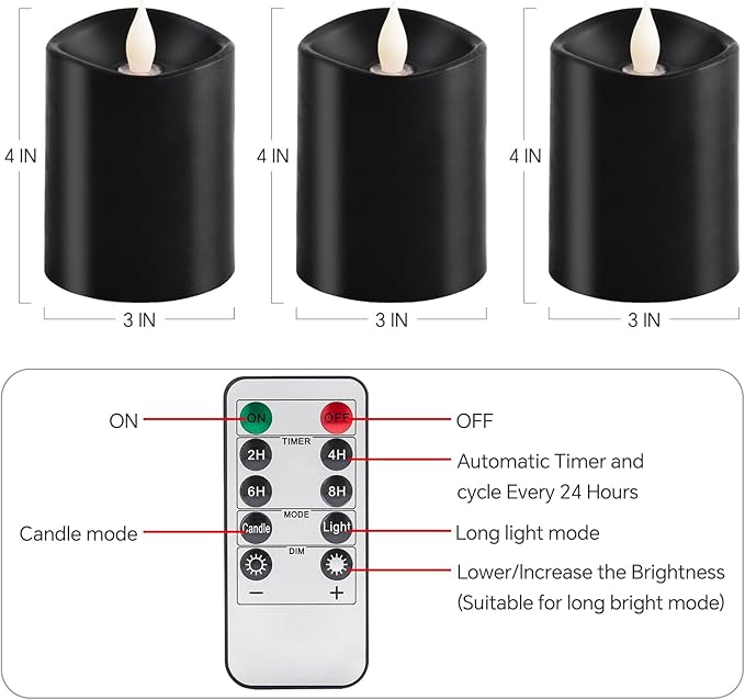 3x4 Flickering Flameless Candles Set of 3,Real Wax Pillar led Candles Flickering,with Timer,4 inch Flameless Candles with Remote,for Holiday Home Decor Party,Black