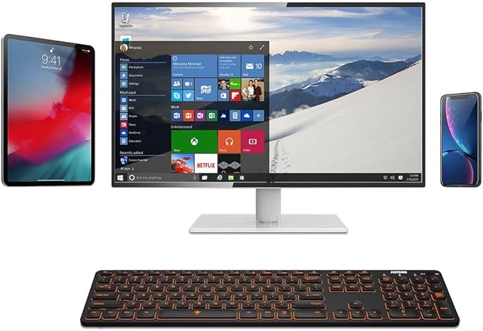 Arteck Universal Backlit 7-Colors & Adjustable Brightness Multi-Device Full Size Wireless Bluetooth Keyboard for Windows, iOS, iPad OS, Android, Computer Desktop Laptop Surface Tablet Smartphone