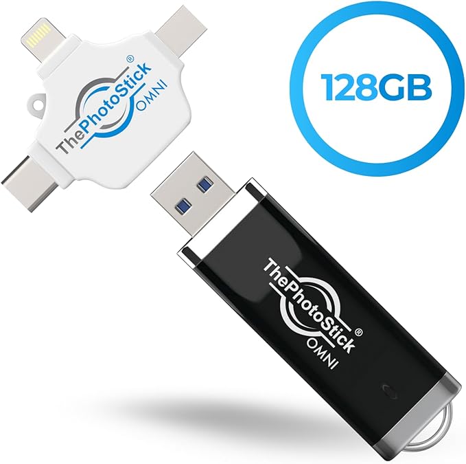 ThePhotoStick® Omni 128GB USB Flash Drive & Memory Stick – Photo & Video Backup for iPhone, Android, Mac & PC – Multiport Connection to Easily Store & Transfer Files