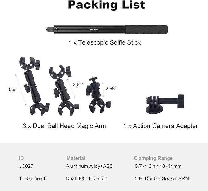 Motorcycle Ebike Mount kit for Insta360 X5, Bike & Golf Car Handlebar Clamp Mount and 59" Invisible Selfie Stick Bundle Kit, Super Clamp, Action Camera Adapter for GO2/3/3S/DJl, JC027