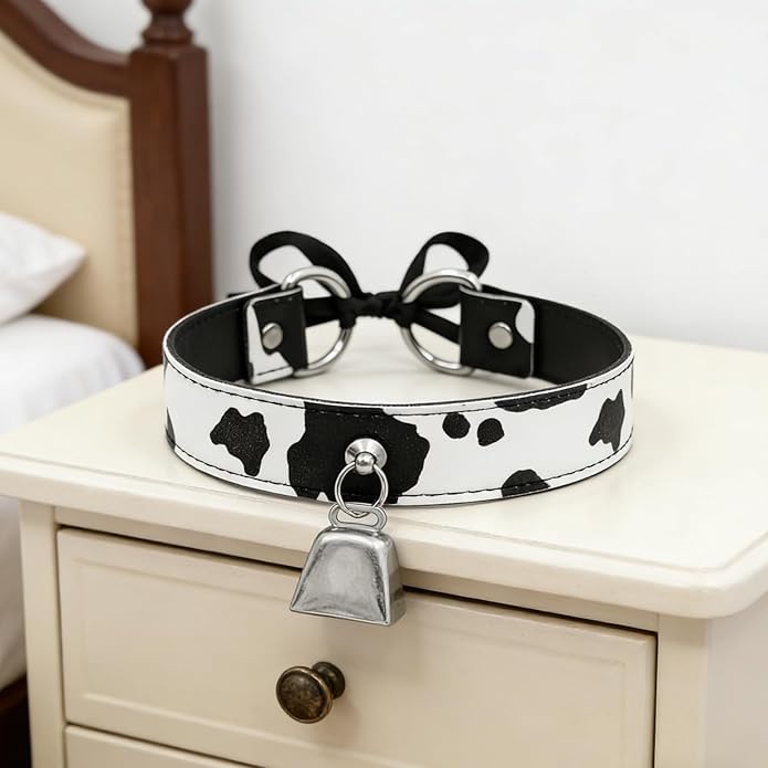 Bell Collar Necklace for Women, Cow Print PU Leather Choker with Flat Ribbon Tie, Anime Cow Cosplay Jewelry Gifts
