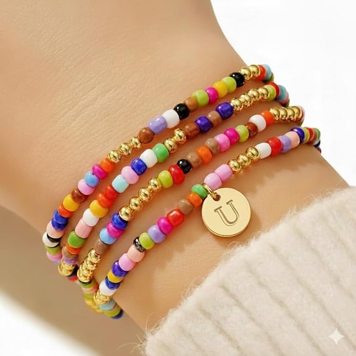 Set of 4 Colorful Bead Initial Bracelets, Personalized Stackable Jewelry, Adjustable Stretchy Charm Bracelets for Women, Beaded Bracelet Set, Trendy Custom Jewelry Gift