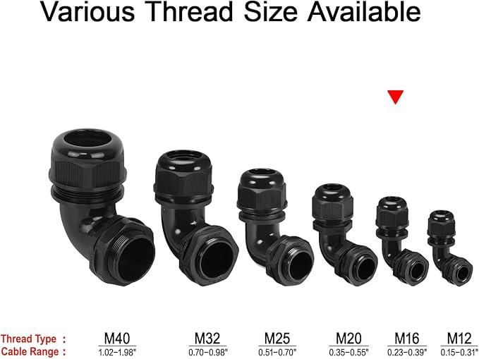 LeMotech M16 Cable Gland, 90 Degree Adjustable 6-10mm Strain Relief, Cord Connectors Nylon Joints with Gaskets, 6 Pcs, Black