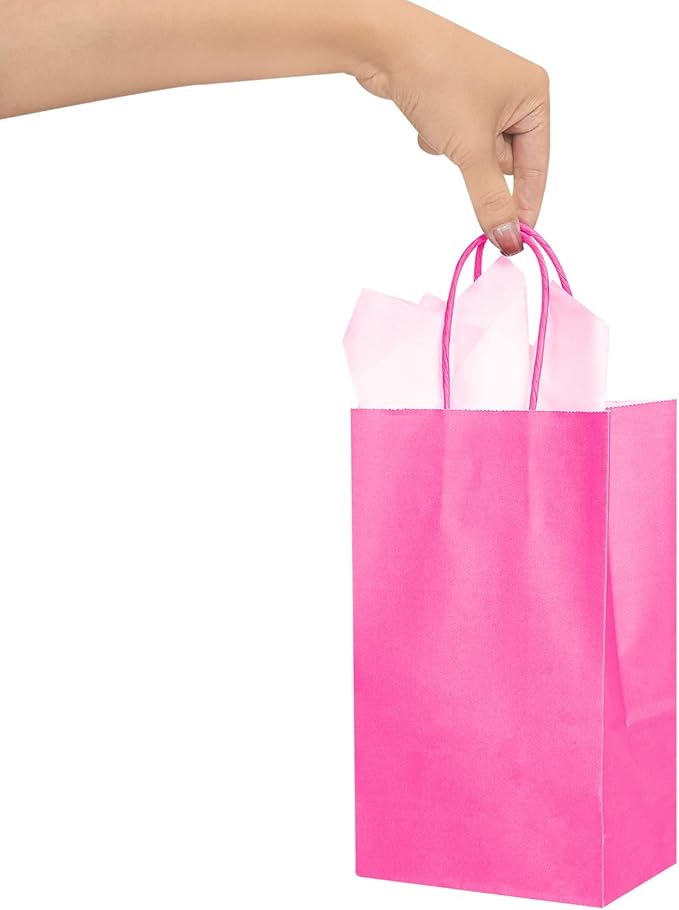 DjinnGlory 100 Pack Small Hot Pink Paper Gift Bags with Handles 9x5.5x3.15 Inch for Small Business, Weddings, Bridal Showers, Themed Birthday Party Goodies Favors