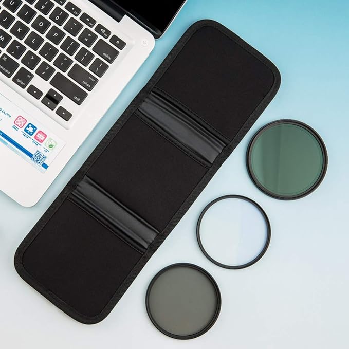 3 Pockets Camera Filter Case for Filter Up to 82mm (fits 82mm 72mm 67mm 62mm 58mm 55mm 52mm 49mm 46mm 43mm 40.5mm 37mm) with Microfiber Cleaning Cloth,Belt Loop Design Compact Lens Filter Pouch Wallet