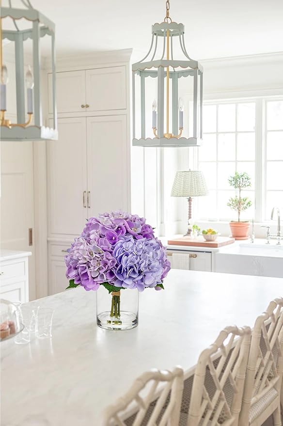 Hollyone Purple Hydrangea Artificial Flowers in Vase Latex Real Touch Large Faux Hydrangea Flowers Arrangements Hydrangeas Fake Flower with Glass Vase with Faux Water for Table Centerpiece Home Decor