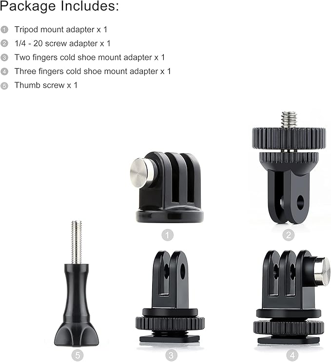 SOONSUN Tripod Mount Kit with 1/4"-20 Conversion Adapter and Cold Shoe Mount with 1/4" Thread, Compatible with GoPro Hero 13 12 11 10 9 8 7 6 5, DJI Osmo, AKASO, SJCAM, Insta360, DSLR Cameras
