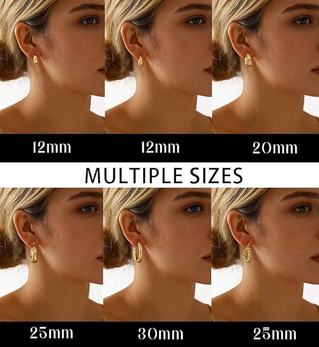 Chunky Gold Hoop Earrings for Women, 14K Gold Plated Lightweight Small Hoop Earrings Pack, Hypoallergenic Open Twisted Huggie Hoops Set Jewelry Gifts