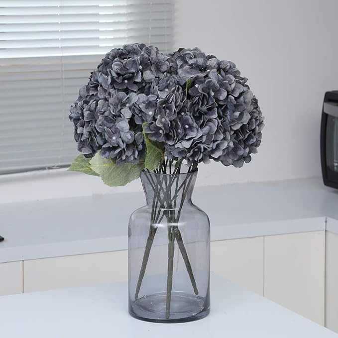 Kimura's Cabin 2Bouquets Fake Flowers Vintage Artificial Silk Hydrangea Flowers Bouquets 10Heads for Indoor Home Table Centerpieces Wedding Halloween Party Decoration (Dusty Black Blue, Pack of 2)
