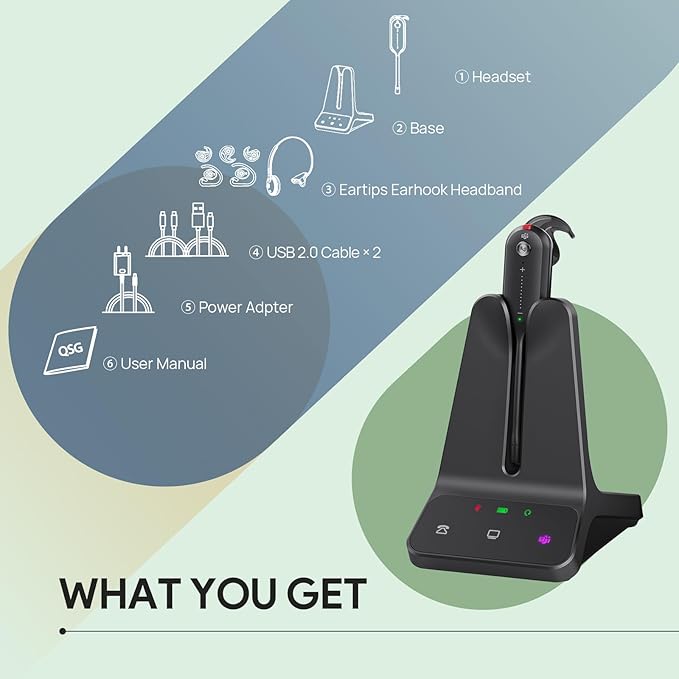 Yealink DECT Wireless Headset WH63 E2,Teams Certified,Single Ear(Mono) Office Headset for Desk Phone and Computer Softphone,Noise Cancelling Mic, 607Ft Range,3 Wearing Styles