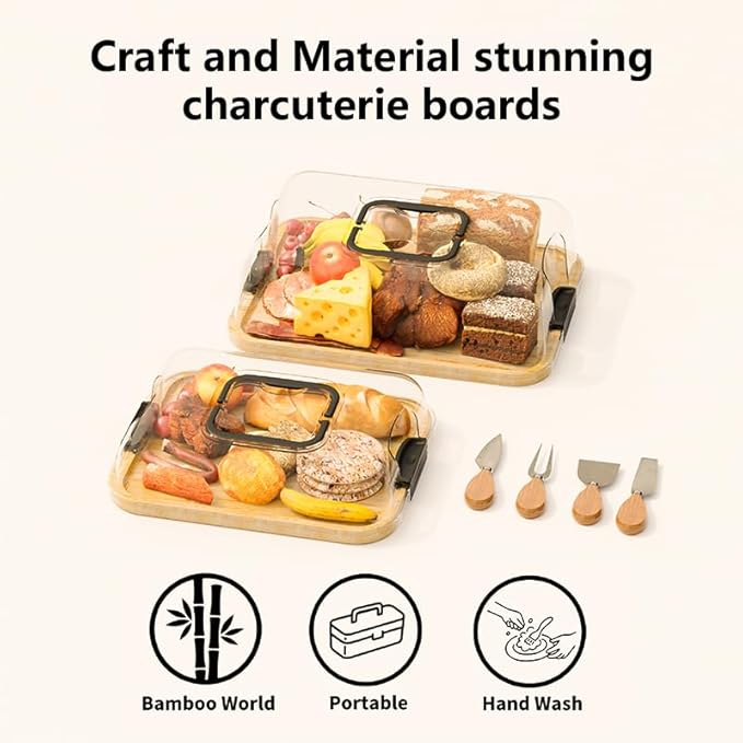2-Pack Charcuterie Board with Lid - Reversible+ 4-Piece Stainless Steel Cheese Knives, Covered Snack Serving Tray-Large Food Platter,Travel Portable Cheese Board for Picnics & Entertaining