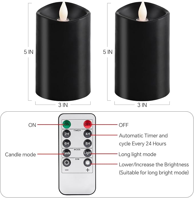 2PCS, 3 x 5 inches Flameless Candle with Remote Control, 3D Flickering Wick, Real Wax Pillar LED Candles, Battery Operated Candles,with Timer,for Holiday Home Decor, Black