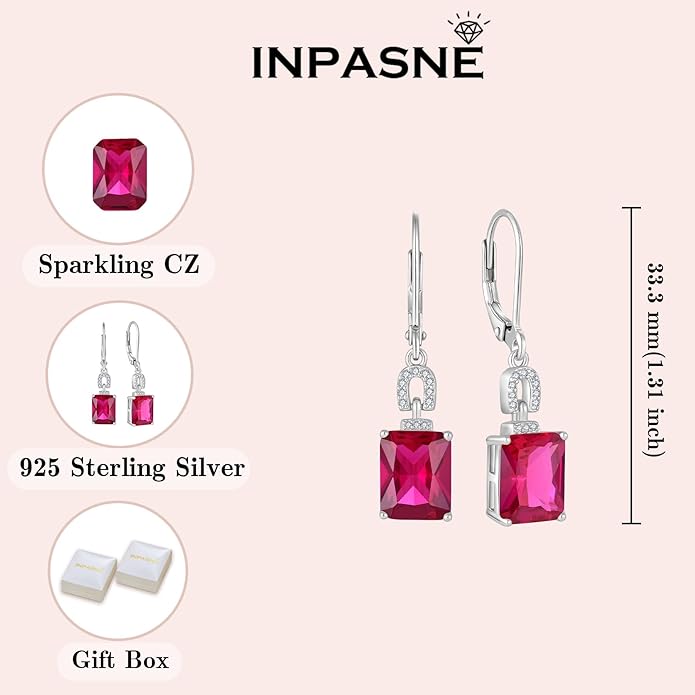 Emerald Cut Earrings 925 Sterling Silver Baguette Birthstone Dangle Drop Leverback Earrings Jewelry Gifts for Women