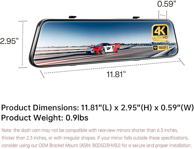 Pelsee P12 Plus 4K Rear View Mirror Camera with ADAS and BSD, 5.8GHz WiFi Mirror Dash Cam Front and Rear, Backup Camera for Car, GPS, 64GB Card Included, WDR Night Vision, Voice Control, 12" Display