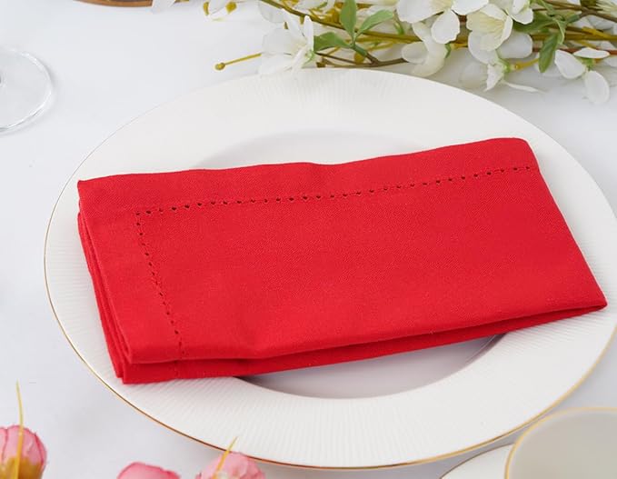 Blue Needles Set of 6 Hemstitch Linen Napkins 100% Cotton Red Cloth Dinner Napkins 18x18 inches, Soft, Reusable, Absorbent, Washable, Ideal for Fall Thanksgiving Events, Parties & Everyday Use