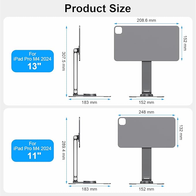 Magnetic iPad Pro M4 11-inch Stand with Wireless Charging 18W, 360° Rotating Aluminum Tablet Holder for iPad Pro M4 11-inch, Adjustable Desk Mount Series (M4-11inch)