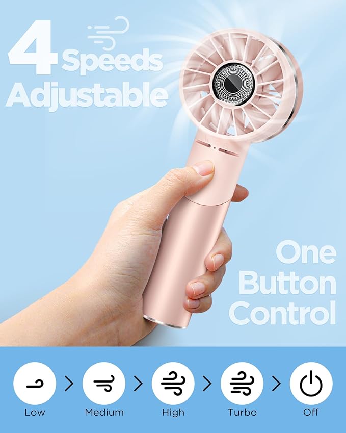 2PCS Handheld Fan, Mini Small Portable Turbo Fan, Rechargeable with 4 High Speeds Personal Fans, Max 16H Runtime, For Travel, Office, Outdoor - Pink