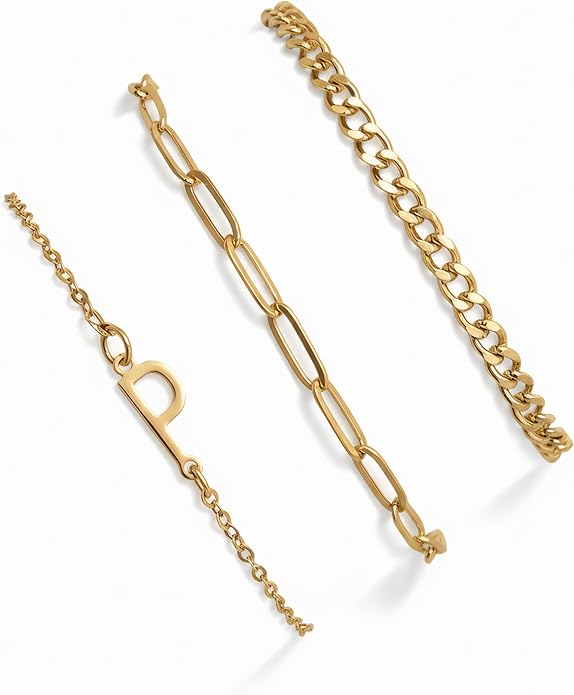 14K Gold Plated Bracelets for Women, A–Z Initial Charm Bangles Jewelry Set, Elegant Gold Accessories, Friendship Bracelet Gifts for Mom