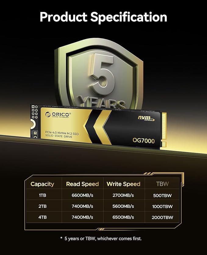 ORICO OG7000 1TB PCIe Gen4 NVMe SSD, Up to 6600MB/s, 8-Channel Controller, Graphene Thermal Solution, Ideal for 4K Video Editing, 3D Rendering, Content Creation, Compatible with PS5 and PC