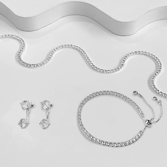 Tennis Necklace Bracelet for Women, Dainty Sterling Sliver Choker Necklace Crystal Link Bracelet Stud Earrings for Women Wedding Jewelry for Bride Jewelry Set Accessories