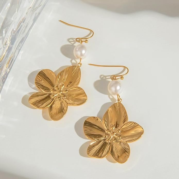 Gold Flower Statement Earrings for Women, Large Chunky Bohomian Summer Beach Floral Earring, Irregular Bold Exaggerated Earrings
