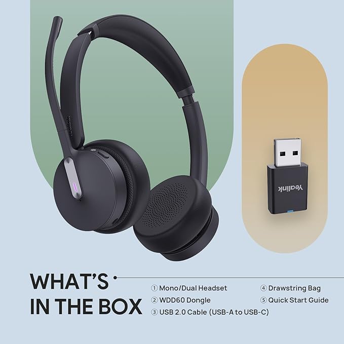 Yealink WH64 Hybrid DECT& Bluetooth Wireless Headset, 492ft Range Mono UC Zoom Headphones with DECT Dongle, 3X Mic, 26H Talk Time, Office Work Portable Single On Ear Headsets for PC,Cellphone,Laptop