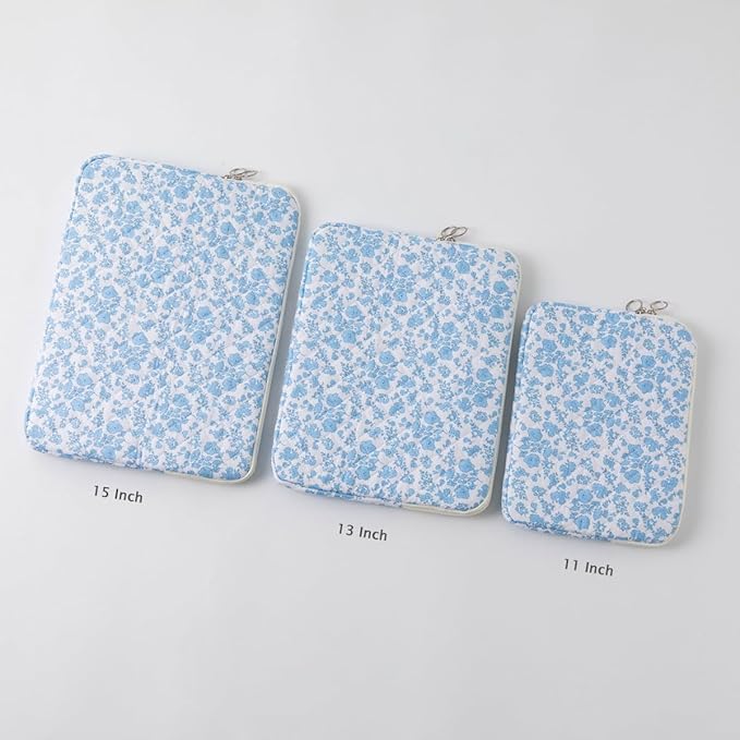 Puffy Laptop Sleeve 13-15.6 Inch Cute Quilted Laptop Protective Case Padded Floral Computer Sleeve for MacBook (B-Blue, 11 Inch)