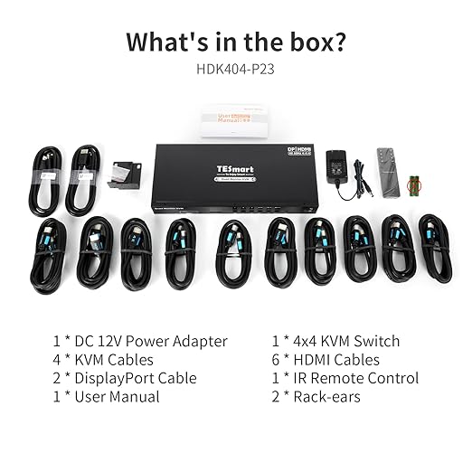 TESmart Quad Monitor HDMI+DP MST KVM Switch 4 Monitors 4 Computers 4K@60Hz, USB 3.0 KVM Docking Station, Audio&Microphone, EDID emulators, Hotkey Switch, Rack-Ears, with Input Cables