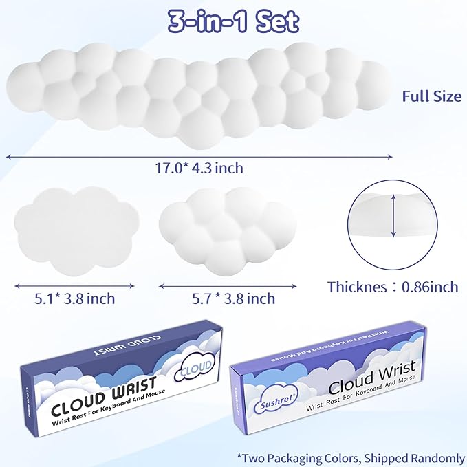 Cloud Wrist Rest for Keyboard and Mouse, Memory Foam PU Leather Keyboard Wrist Rest with Ergonomic Support, Non-Slip Base, Cute Arm Rest Pad & Palm Cushion, Office Desk Accessory, White