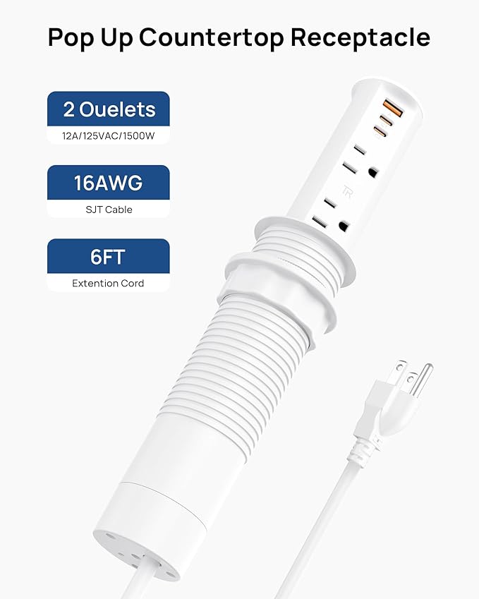 2 Inch Pop Up Outlet for Countertop,Power Grommet 2-inch Desk Wire Hole Insert,20W USB C,2 Outlets,2 USB C/1 USB A,Recessed Outlet,Desk Charging Station (White, 6 FT Cable)