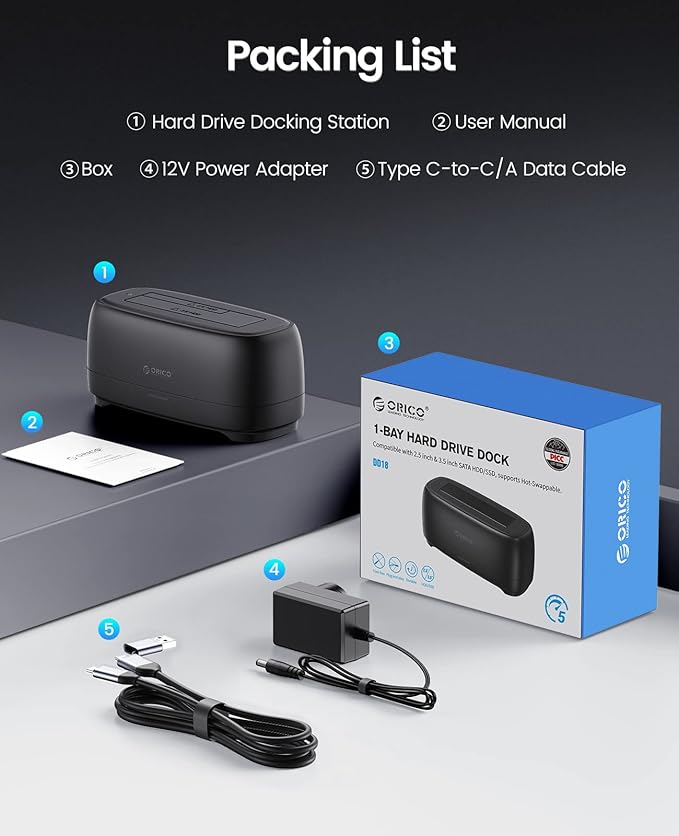 ORICO Hard Drive Docking Station for USB C 2.5”/3.5” SSD HDD SATA I II III External Hard Drive Dock 22TB 2 in-1 Type C to USB A Cable (DD18C3)