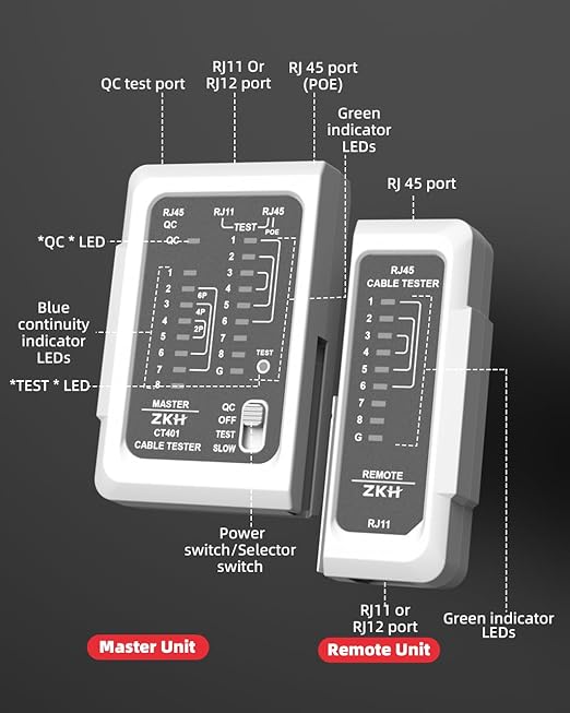 ZKH RJ45 Network Cable Tester, LAN & TEL Continuity Tester, Ethernet Cable Tester for RJ45, RJ11, RJ12, CAT5, CAT6, POE Test UTP/STP Shielded Ethernet Wires Test Tool