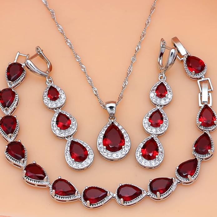 LMXXVJ Necklace Long Earrings Bracelet Set, White Gold Plated Created Blue Sapphire Jewelry Set Wedding Party Gift Jewelry for Women Bridal Bridesmaid