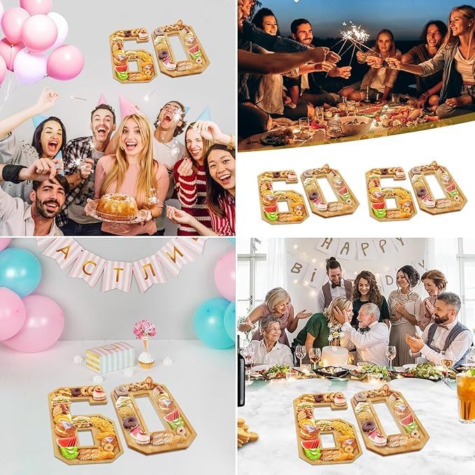 Brainy 60th Birthday Party Supplies Trays Number Charcuterie Tray Wooden Serving Anniversary Number Charcuterie Tray for 60th Birthday Anniversary Party Decorations Chocolate Candy Container