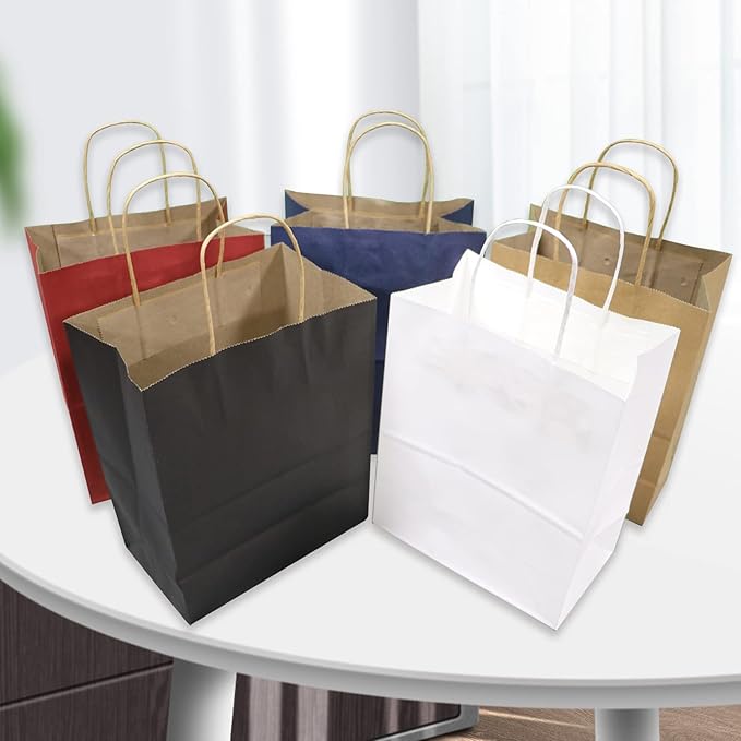 FACEBAG 50 PCS Black Paper Bags with Handles Bulk, 8x4.25x10.5 Inches,Medium-sized Gift Bags for Party Favors,Take-Out,Grocery Shopping & Retail,Christmas,weddings,Reusable & Durable