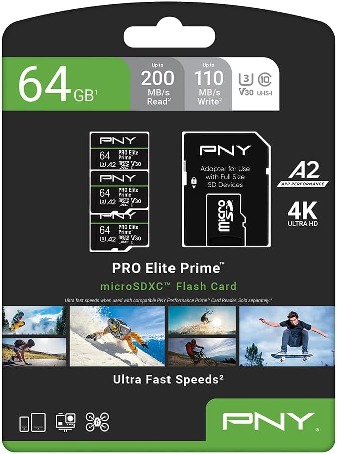 PNY 64GB PRO Elite Prime C10 U3 V30 A2 microSDXC Flash Memory Card – Ultra-Fast Speeds, Read 200MB/s, Write 110MB/s, 4K UHD, Full HD, UHS-I, for Smartphones, Drones, Action Cameras, 3-Pack