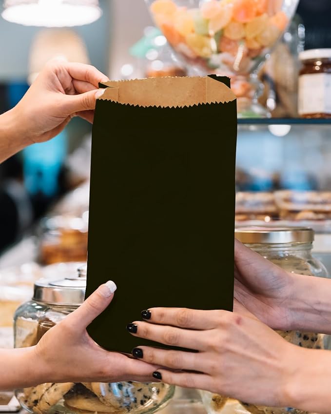 qiqee 100Pcs Treat Paper Bags 5.1x3.1x9.4 Inches Black Small Party Gift Bag Mini Snack Bag without Handle