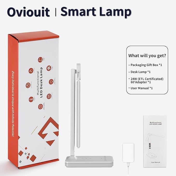 LED Desk Lamp with Charger, USB Charging Port, Dual Swing Arm Desk Light with 5 Brightness, 3 Colors, Table Lamp with Clock, Alarm, Date, Temperature, Desk Lamp for Home Office Study (White)