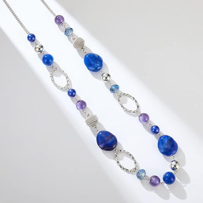 BULINLIN Beaded Long Necklace for Women Silver Sweater Chain Necklace with Crystal Resin Beads, Fashion Jewelry Necklace