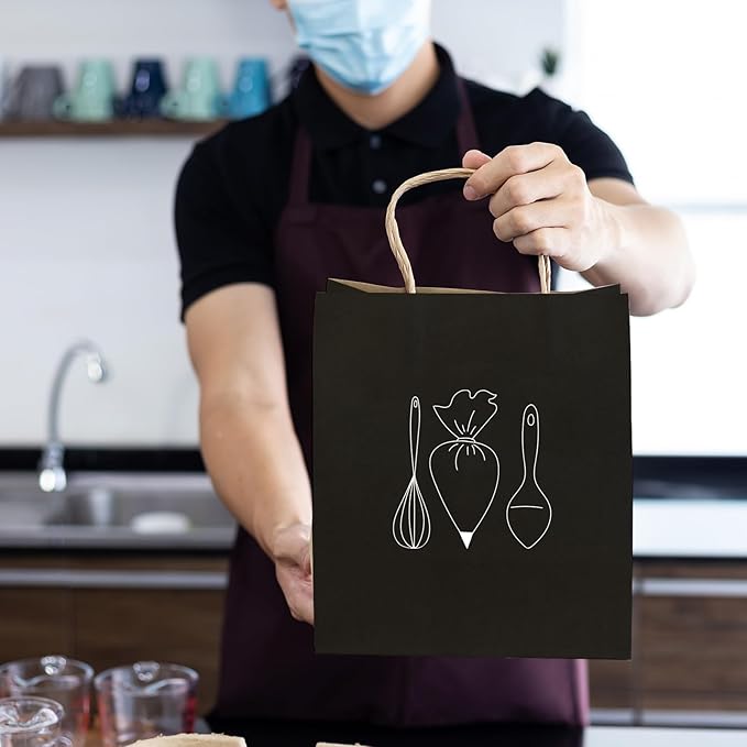 OUTUXED Black Gift Bags, 35pcs Kraft Paper Bags with Handles, 7.1x3.6x9.3in Medium Size for Retail, Gift Wrapping, and Shopping