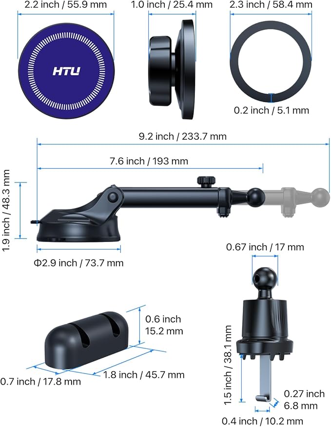 HTU for MagSafe Car Phone Mount Magnetic Phone Holder for Windshield Vent Dashboard Magnetic Suction Phone Mount for iPhone 16/15/14/13/12 & Android (Amparo Blue)