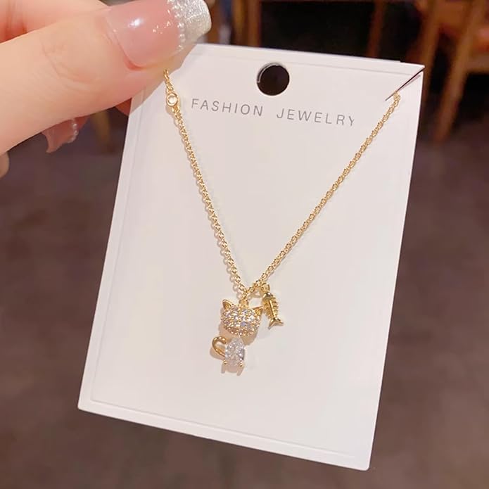Cute Cat Pendant Necklace for Women Girls, Gold Plated Dainty Kitty Necklace, Sparkling Animal Jewelry with Crystal Charm, Adjustable Chain, Sweet Gift for Birthday, Valentines, Christmas