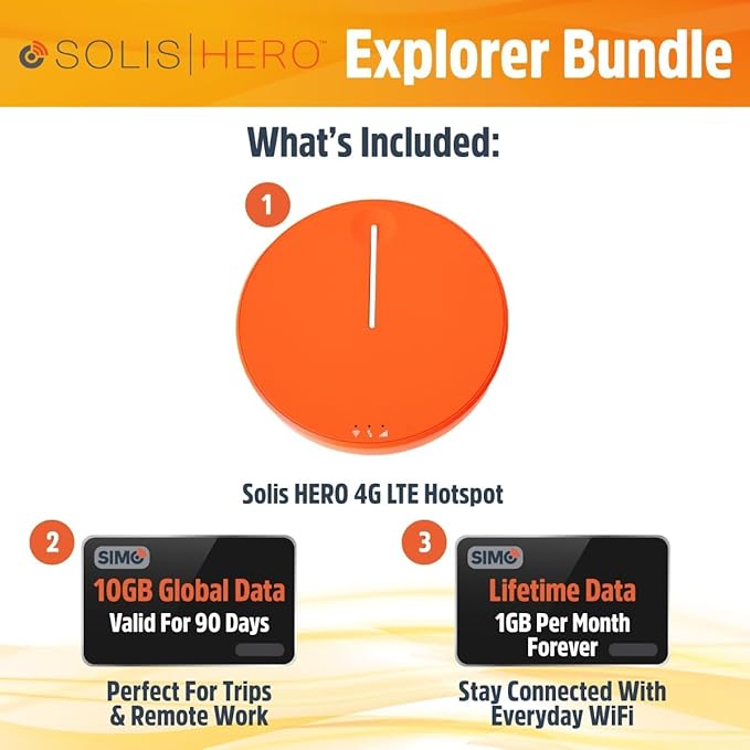 SIMO Solis Hero 4G LTE Portable Mobile Hotspot WiFi Power Bank for Travel in 140+ Countries, No SIM Card or Contract, Multi-Carrier Network, 10 Devices, 1GB/Month Lifetime + 10GB Global Data