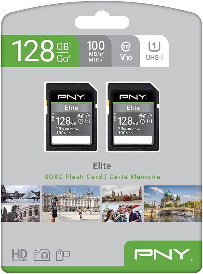 PNY 128GB Elite Class 10 U1 V10 SDXC Flash Memory Card - 100MB/s Read, Class 10, U1, V10, Full HD, UHS-I, Full Size SD (Pack of 2)